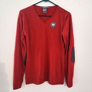 ASMAR Equestrian Maroon 100% Merino Wool Shirt Sz Large Elbow Patch Long Sleeve